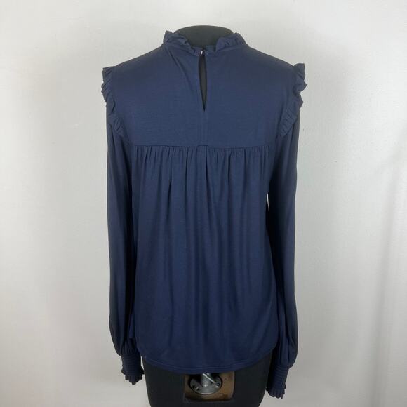 Boden Navy Blue Long Sleeve Blouse Ruffle Smock High Neck - Picture 7 of 11